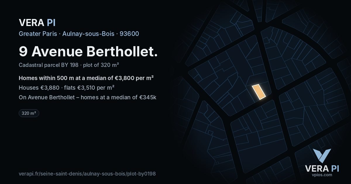 9 Avenue Berthollet, Aulnay-sous-Bois at night – the plot lit, the parcels around coloured by the prices near them