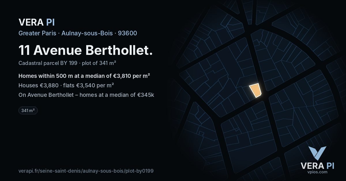 11 Avenue Berthollet, Aulnay-sous-Bois at night – the plot lit, the parcels around coloured by the prices near them