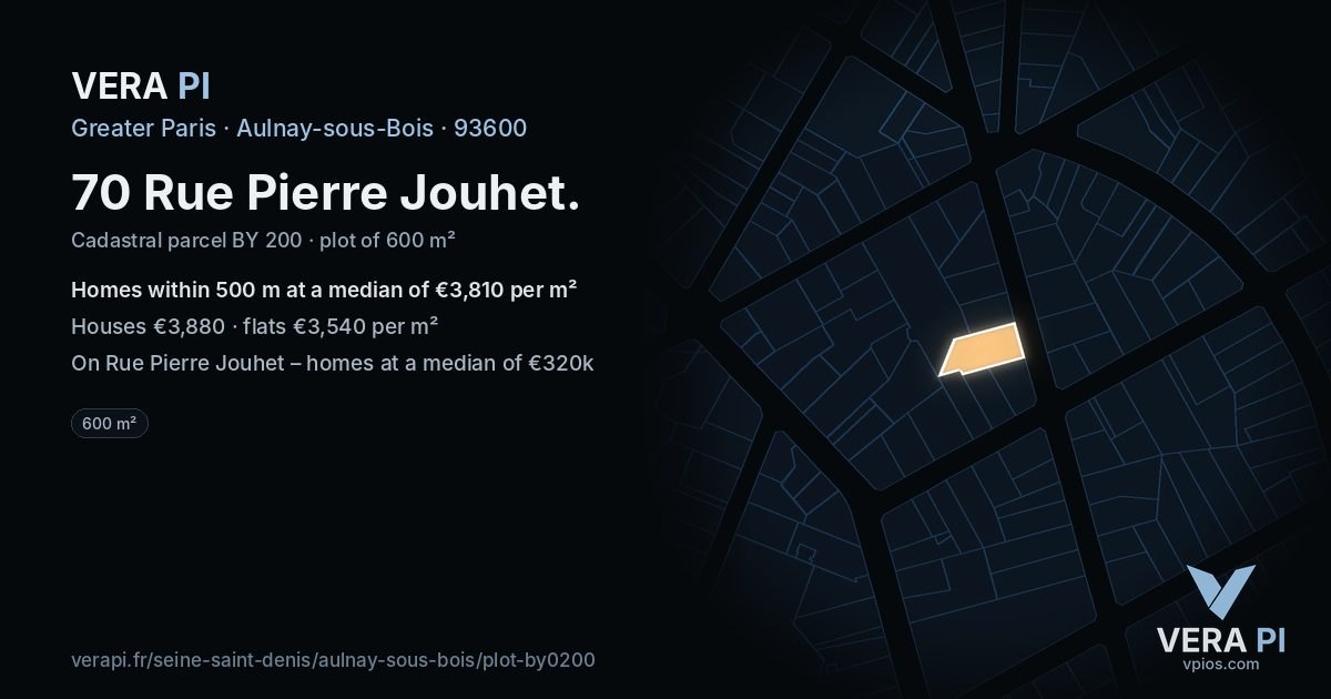 70 Rue Pierre Jouhet, Aulnay-sous-Bois at night – the plot lit, the parcels around coloured by the prices near them