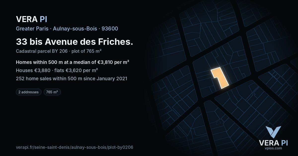 33 bis Avenue des Friches, Aulnay-sous-Bois at night – the plot lit, the parcels around coloured by the prices near them