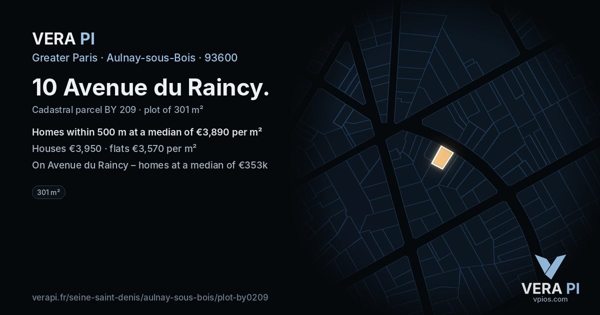10 Avenue du Raincy, Aulnay-sous-Bois at night – the plot lit, the parcels around coloured by the prices near them