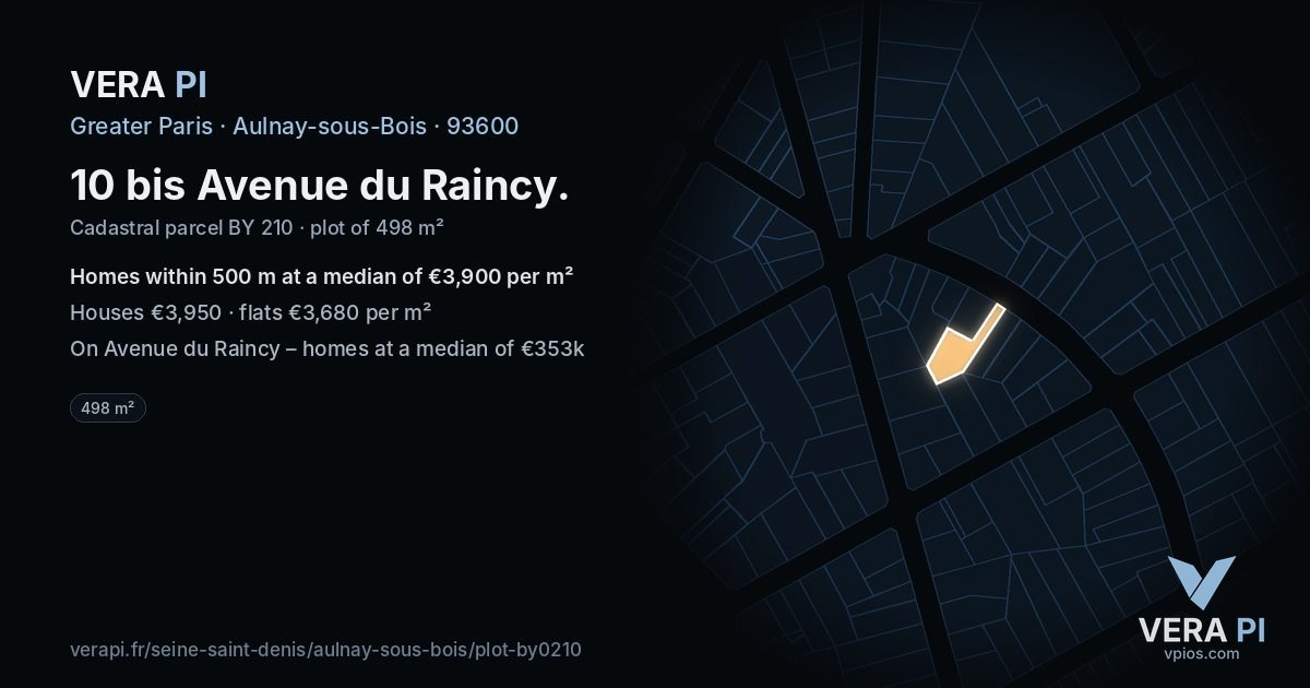 10 bis Avenue du Raincy, Aulnay-sous-Bois at night – the plot lit, the parcels around coloured by the prices near them