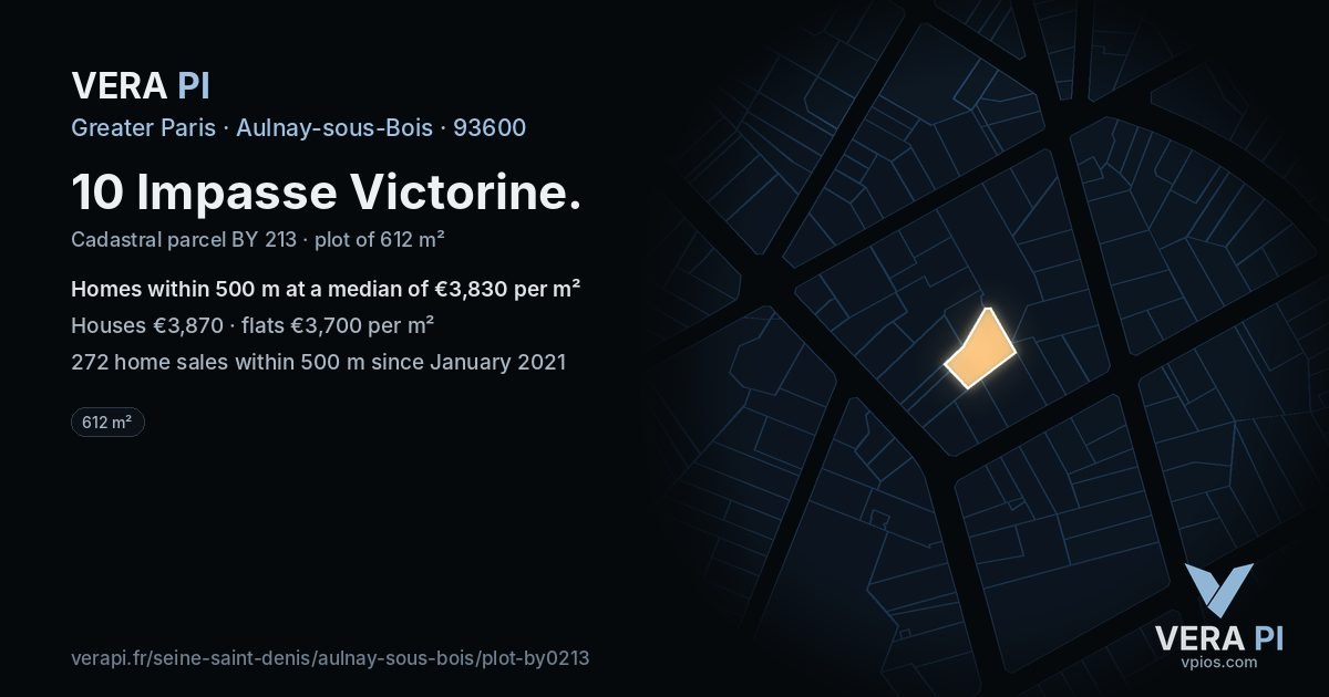 10 Impasse Victorine, Aulnay-sous-Bois at night – the plot lit, the parcels around coloured by the prices near them