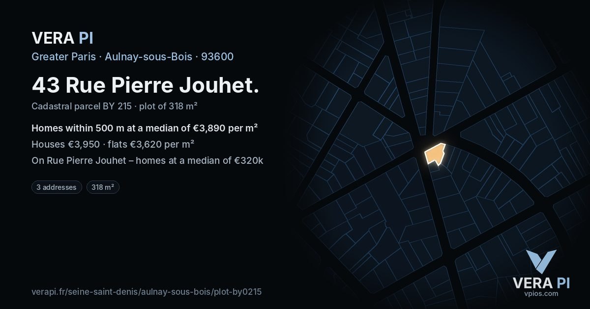 43 Rue Pierre Jouhet, Aulnay-sous-Bois at night – the plot lit, the parcels around coloured by the prices near them