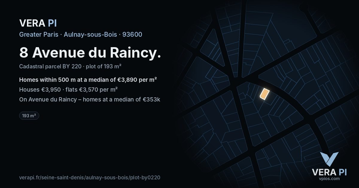 8 Avenue du Raincy, Aulnay-sous-Bois at night – the plot lit, the parcels around coloured by the prices near them