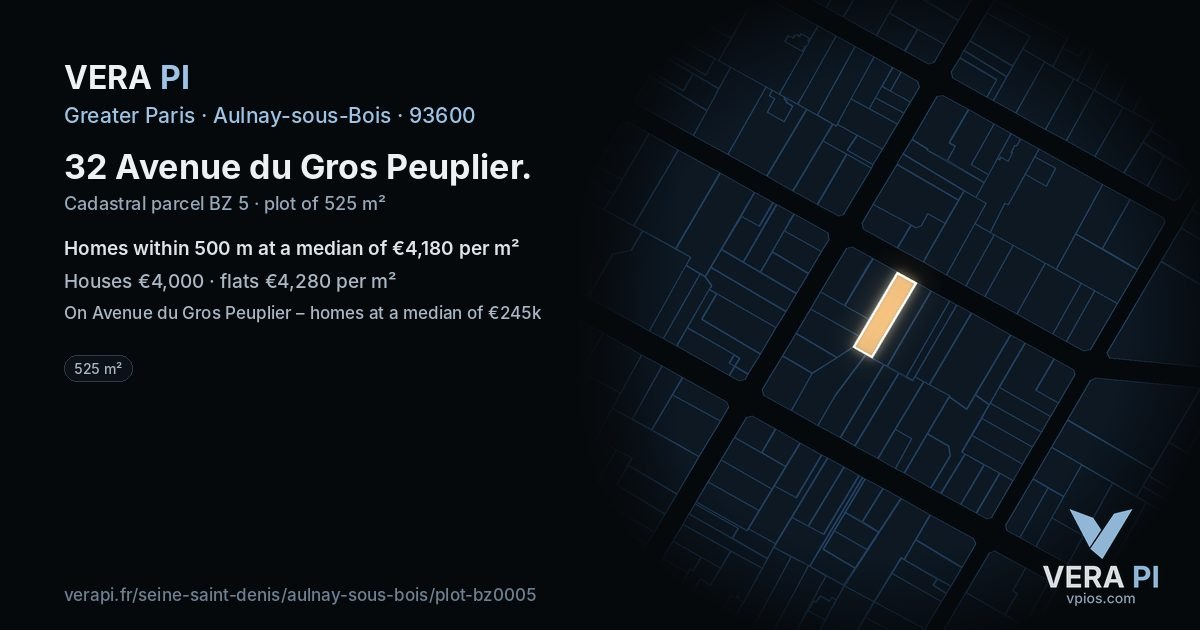 32 Avenue du Gros Peuplier, Aulnay-sous-Bois at night – the plot lit, the parcels around coloured by the prices near them