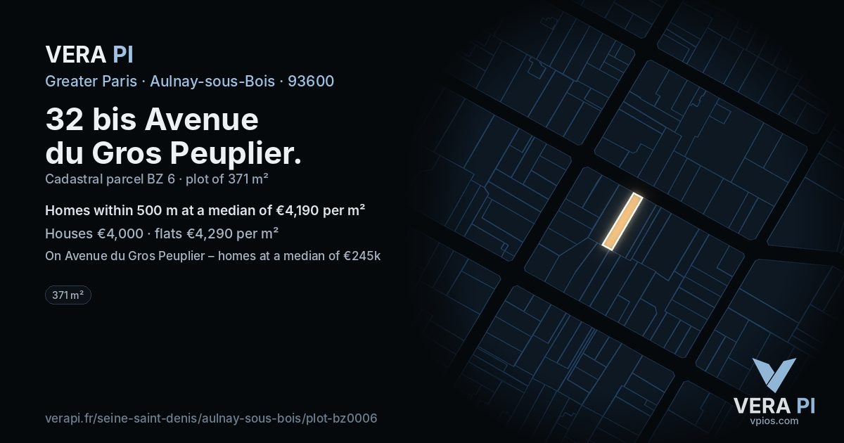 32 bis Avenue du Gros Peuplier, Aulnay-sous-Bois at night – the plot lit, the parcels around coloured by the prices near them
