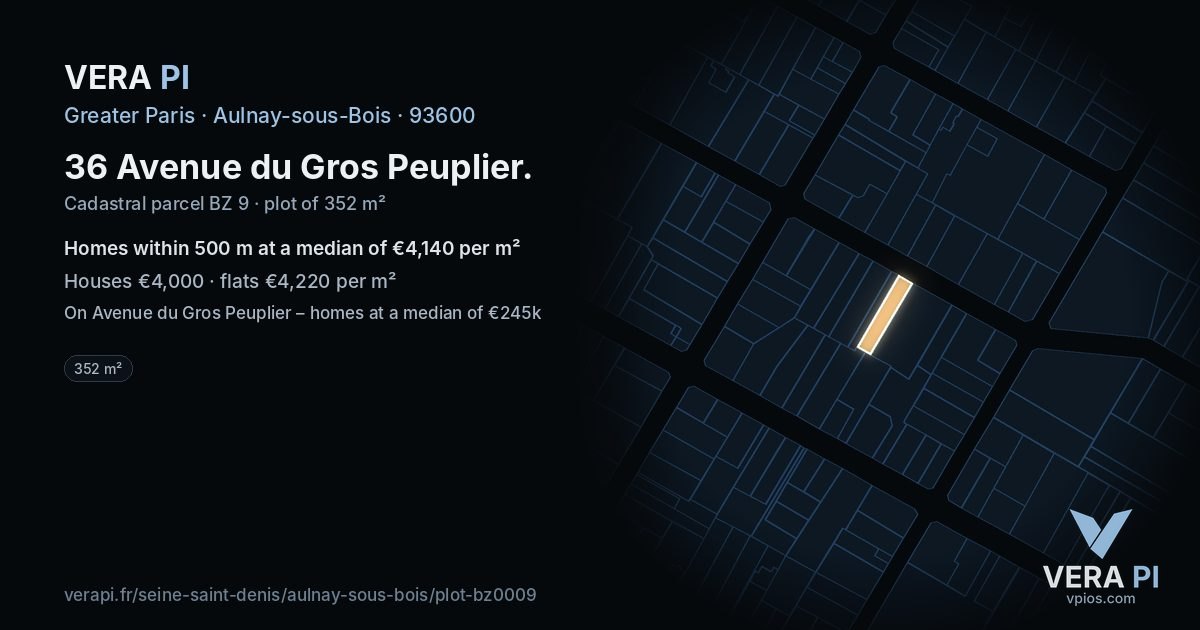 36 Avenue du Gros Peuplier, Aulnay-sous-Bois at night – the plot lit, the parcels around coloured by the prices near them