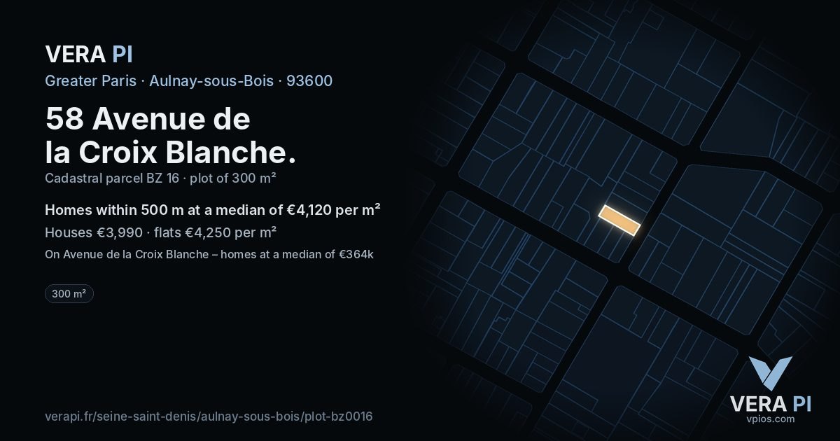 58 Avenue de la Croix Blanche, Aulnay-sous-Bois at night – the plot lit, the parcels around coloured by the prices near them