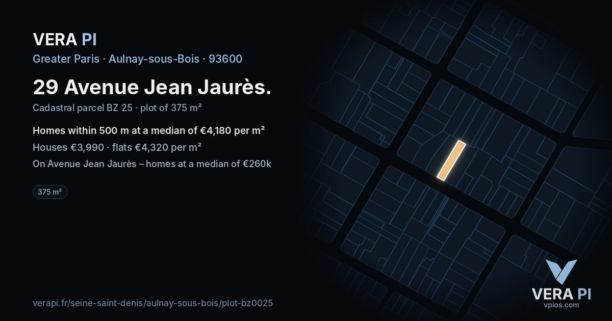 29 Avenue Jean Jaurès, Aulnay-sous-Bois at night – the plot lit, the parcels around coloured by the prices near them