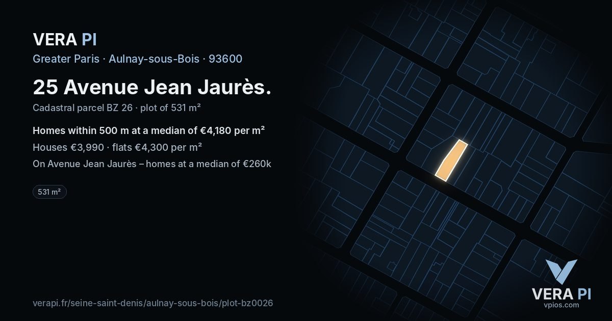 25 Avenue Jean Jaurès, Aulnay-sous-Bois at night – the plot lit, the parcels around coloured by the prices near them