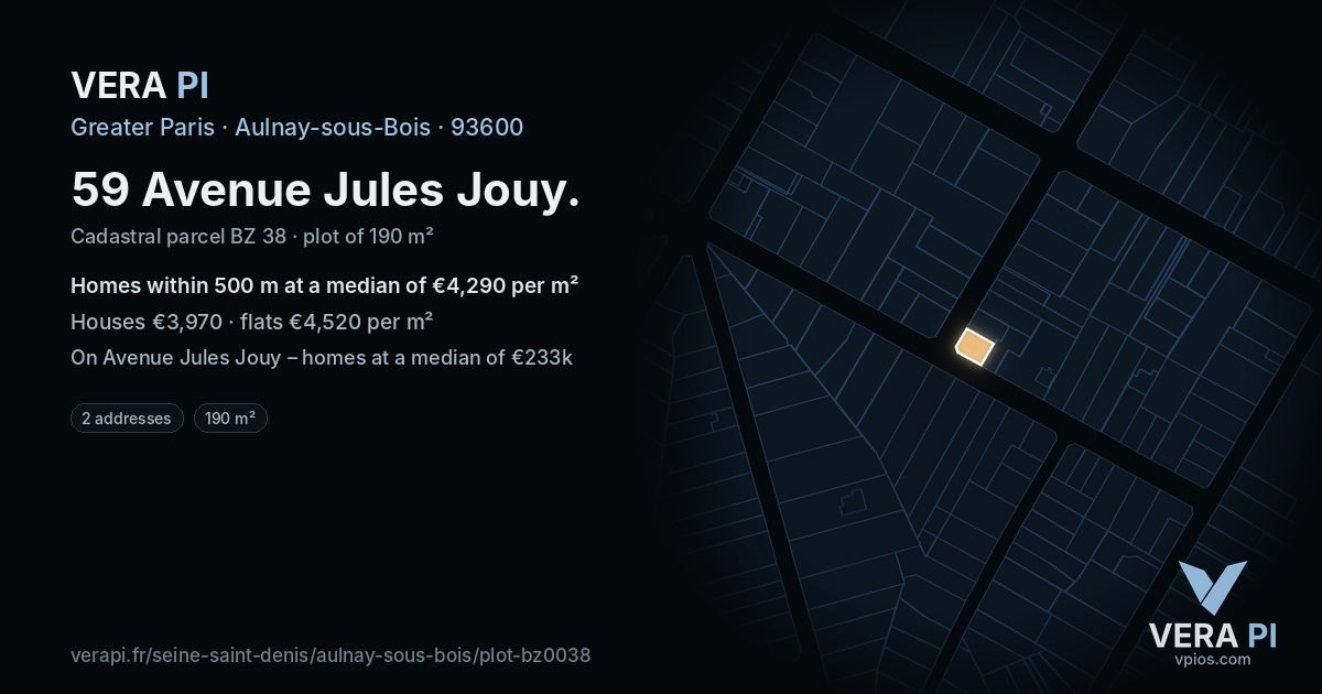 59 Avenue Jules Jouy, Aulnay-sous-Bois at night – the plot lit, the parcels around coloured by the prices near them