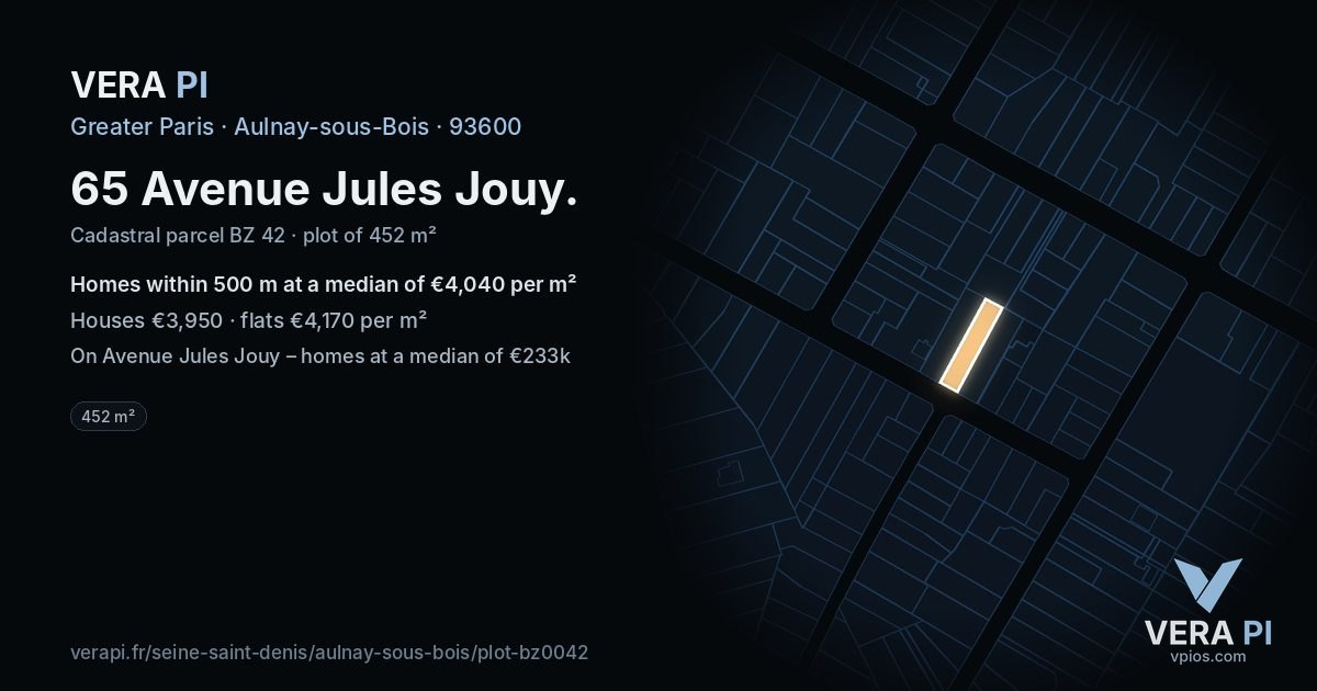 65 Avenue Jules Jouy, Aulnay-sous-Bois at night – the plot lit, the parcels around coloured by the prices near them