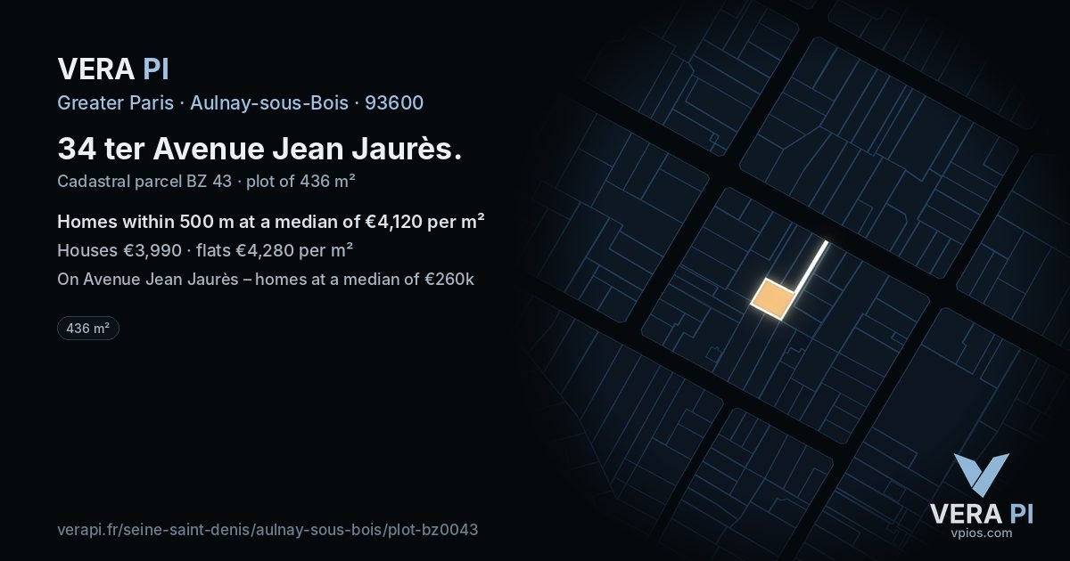 34 ter Avenue Jean Jaurès, Aulnay-sous-Bois at night – the plot lit, the parcels around coloured by the prices near them