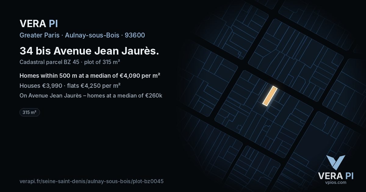 34 bis Avenue Jean Jaurès, Aulnay-sous-Bois at night – the plot lit, the parcels around coloured by the prices near them
