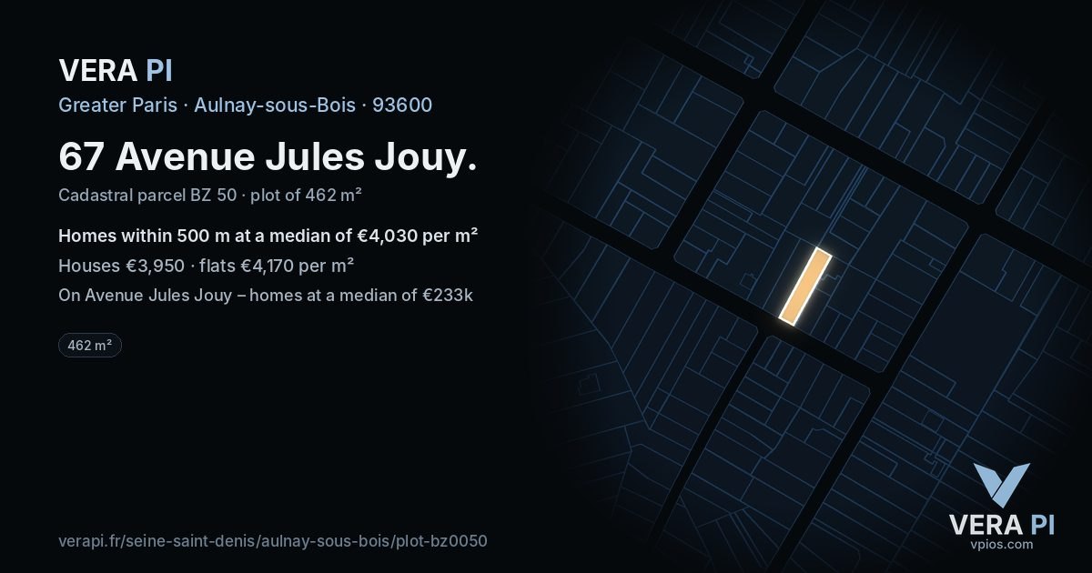 67 Avenue Jules Jouy, Aulnay-sous-Bois at night – the plot lit, the parcels around coloured by the prices near them