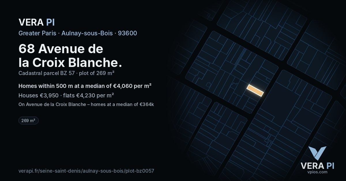 68 Avenue de la Croix Blanche, Aulnay-sous-Bois at night – the plot lit, the parcels around coloured by the prices near them