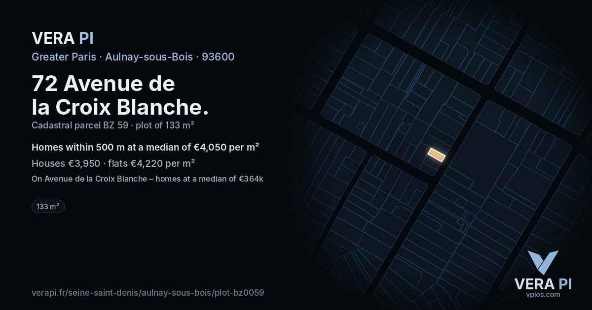 72 Avenue de la Croix Blanche, Aulnay-sous-Bois at night – the plot lit, the parcels around coloured by the prices near them