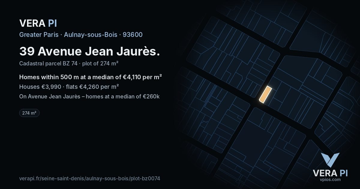 39 Avenue Jean Jaurès, Aulnay-sous-Bois at night – the plot lit, the parcels around coloured by the prices near them