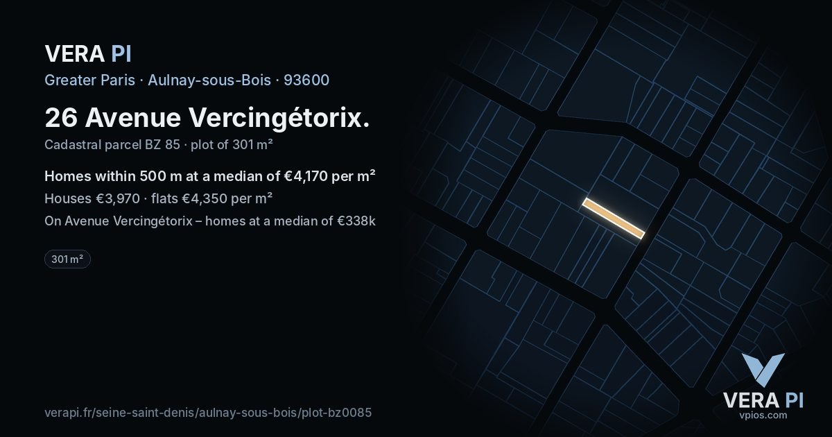 26 Avenue Vercingétorix, Aulnay-sous-Bois at night – the plot lit, the parcels around coloured by the prices near them