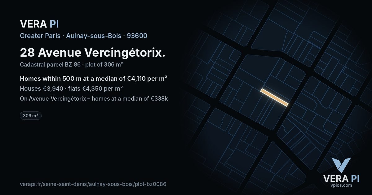 28 Avenue Vercingétorix, Aulnay-sous-Bois at night – the plot lit, the parcels around coloured by the prices near them