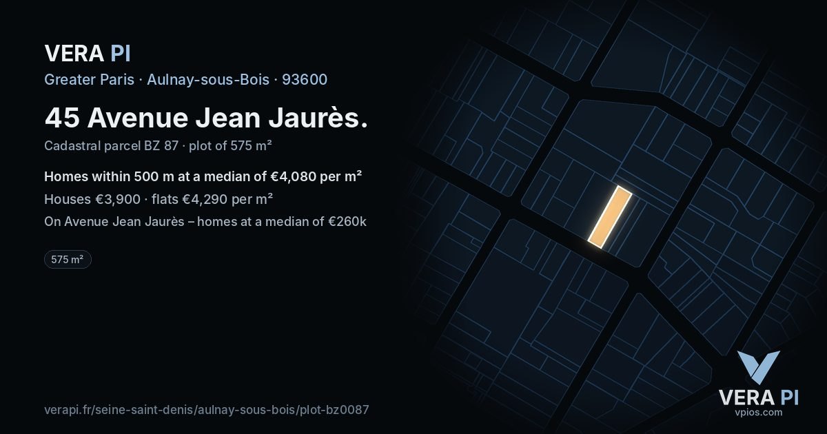 45 Avenue Jean Jaurès, Aulnay-sous-Bois at night – the plot lit, the parcels around coloured by the prices near them