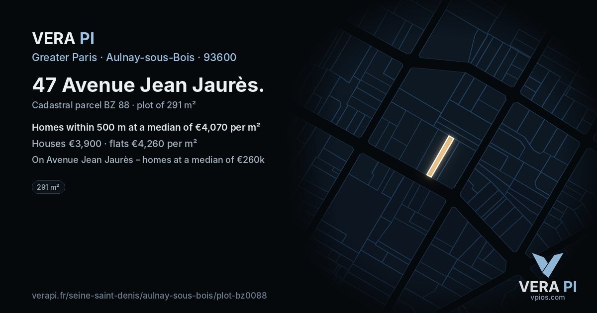 47 Avenue Jean Jaurès, Aulnay-sous-Bois at night – the plot lit, the parcels around coloured by the prices near them