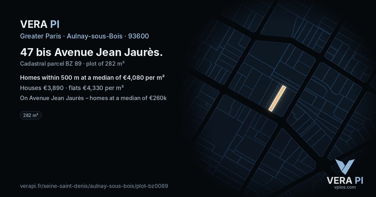47 bis Avenue Jean Jaurès, Aulnay-sous-Bois at night – the plot lit, the parcels around coloured by the prices near them