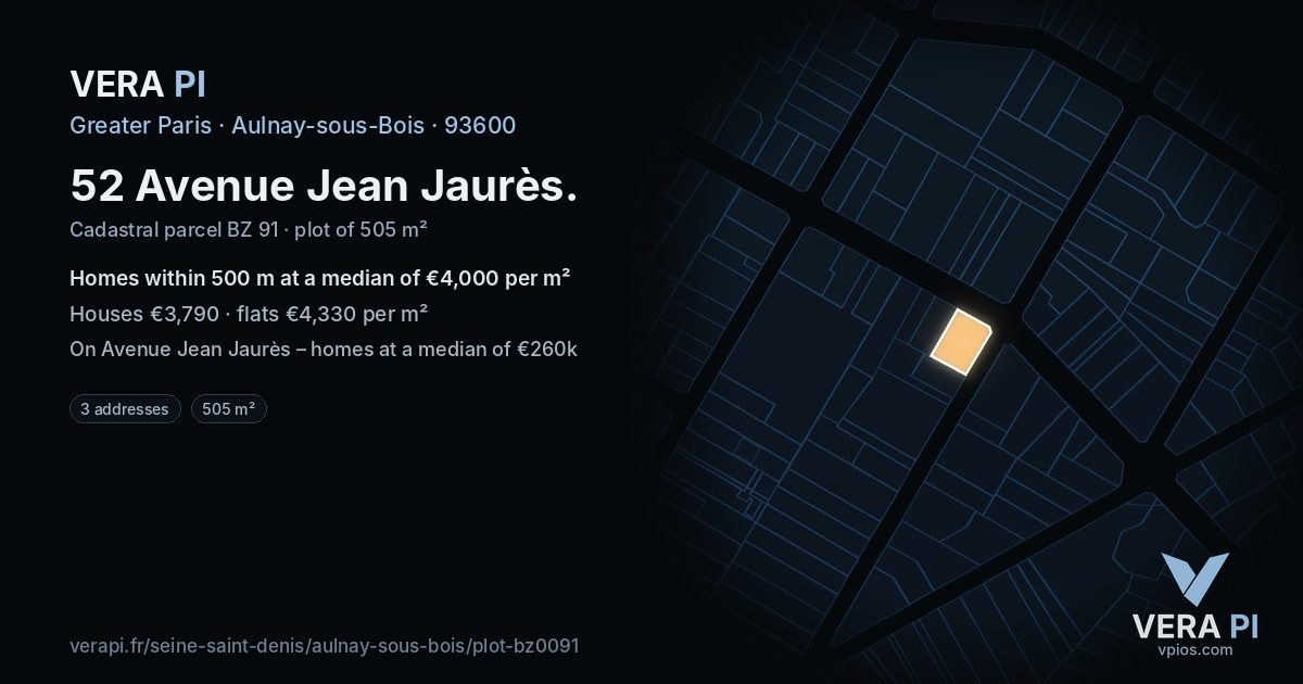 52 Avenue Jean Jaurès, Aulnay-sous-Bois at night – the plot lit, the parcels around coloured by the prices near them