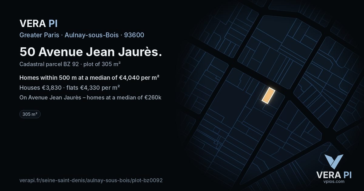 50 Avenue Jean Jaurès, Aulnay-sous-Bois at night – the plot lit, the parcels around coloured by the prices near them