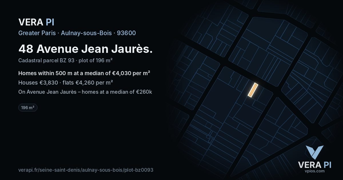 48 Avenue Jean Jaurès, Aulnay-sous-Bois at night – the plot lit, the parcels around coloured by the prices near them