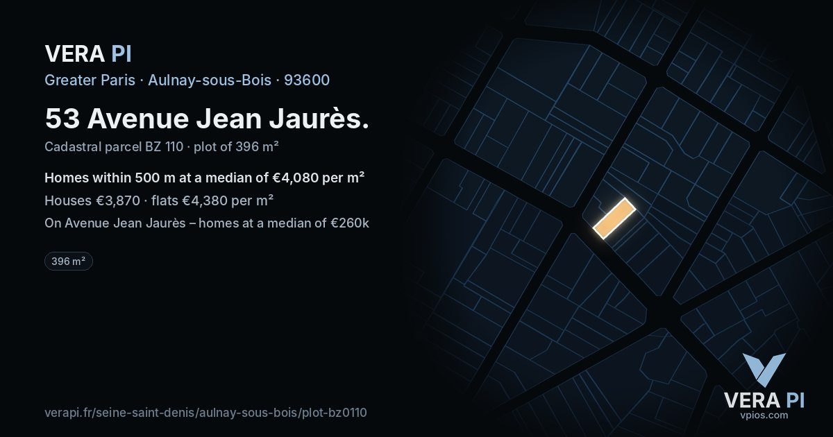 53 Avenue Jean Jaurès, Aulnay-sous-Bois at night – the plot lit, the parcels around coloured by the prices near them
