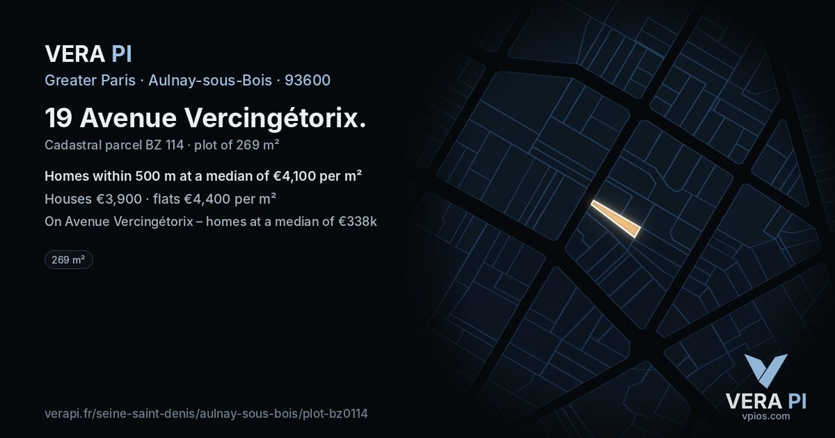 19 Avenue Vercingétorix, Aulnay-sous-Bois at night – the plot lit, the parcels around coloured by the prices near them