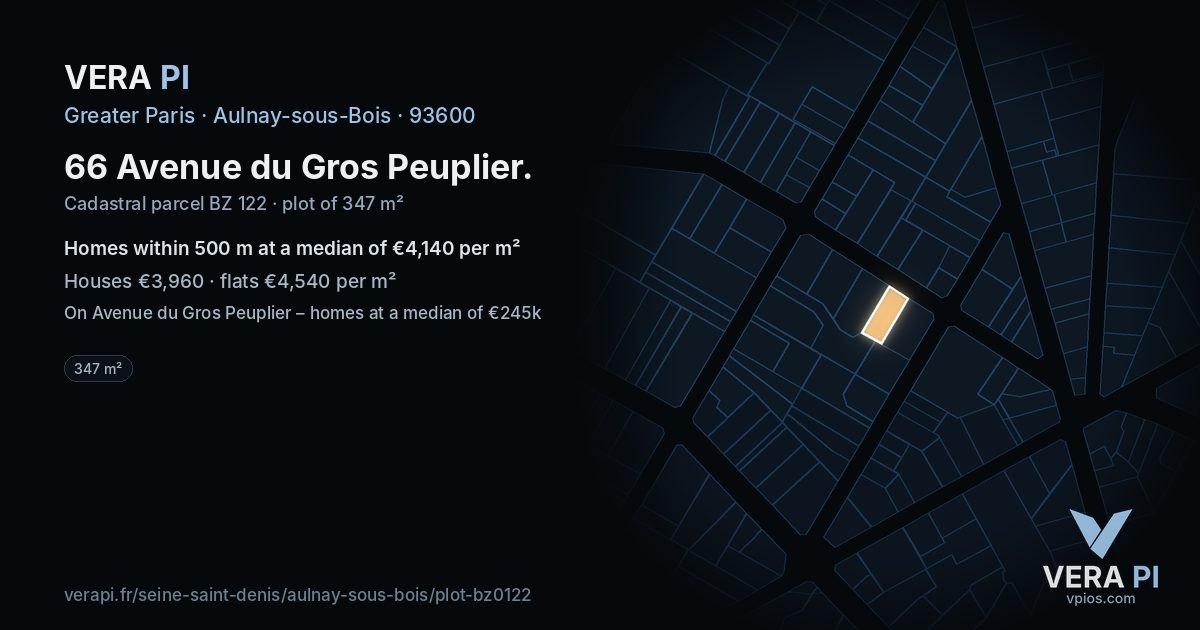 66 Avenue du Gros Peuplier, Aulnay-sous-Bois at night – the plot lit, the parcels around coloured by the prices near them