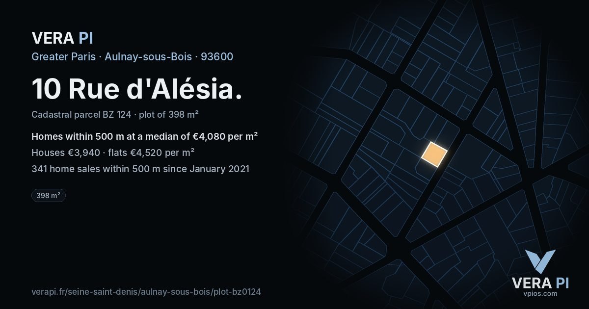 10 Rue d'Alésia, Aulnay-sous-Bois at night – the plot lit, the parcels around coloured by the prices near them