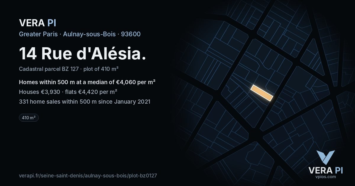 14 Rue d'Alésia, Aulnay-sous-Bois at night – the plot lit, the parcels around coloured by the prices near them