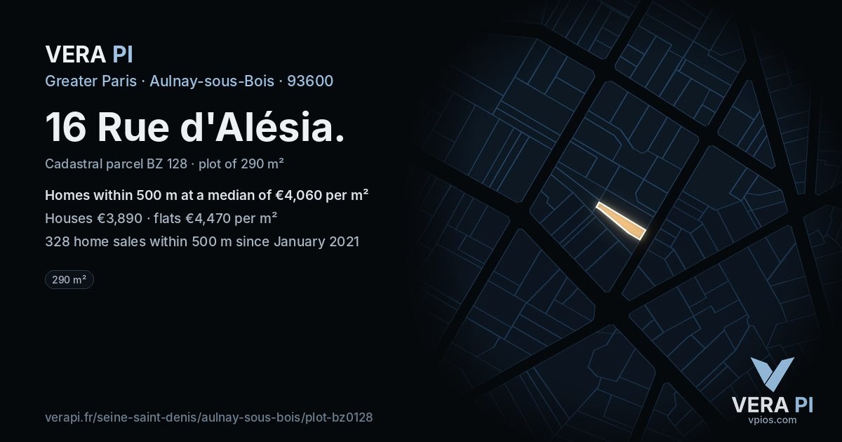 16 Rue d'Alésia, Aulnay-sous-Bois at night – the plot lit, the parcels around coloured by the prices near them