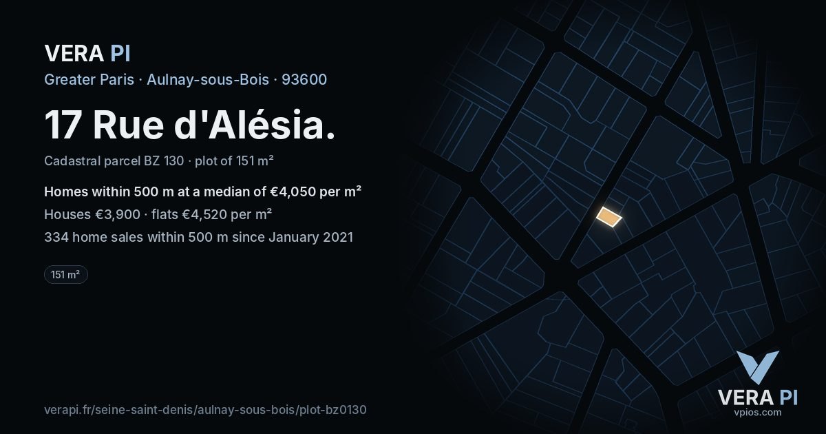 17 Rue d'Alésia, Aulnay-sous-Bois at night – the plot lit, the parcels around coloured by the prices near them