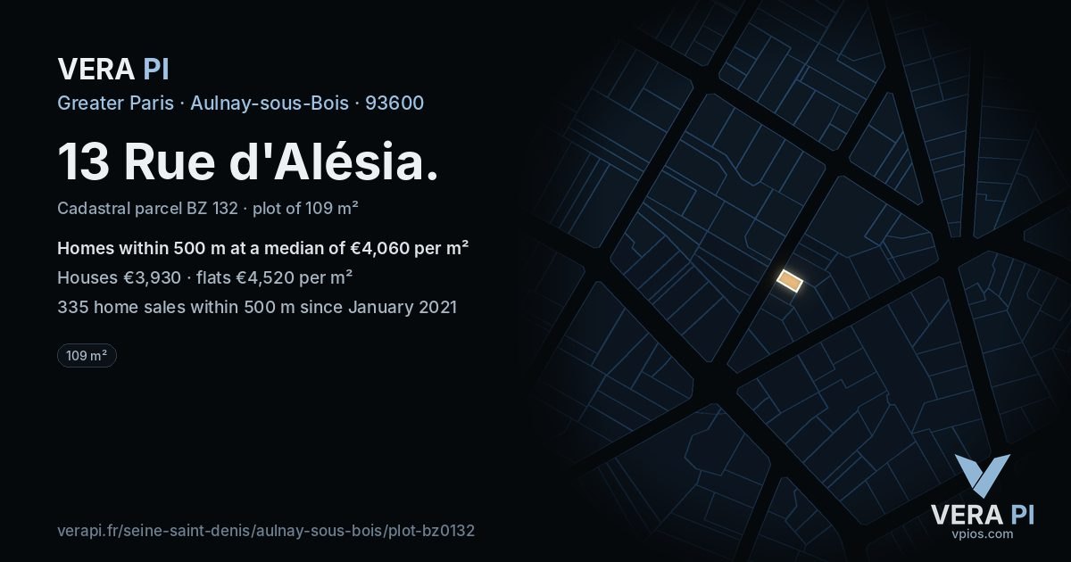 13 Rue d'Alésia, Aulnay-sous-Bois at night – the plot lit, the parcels around coloured by the prices near them