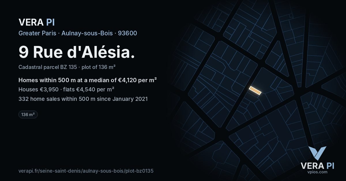 9 Rue d'Alésia, Aulnay-sous-Bois at night – the plot lit, the parcels around coloured by the prices near them