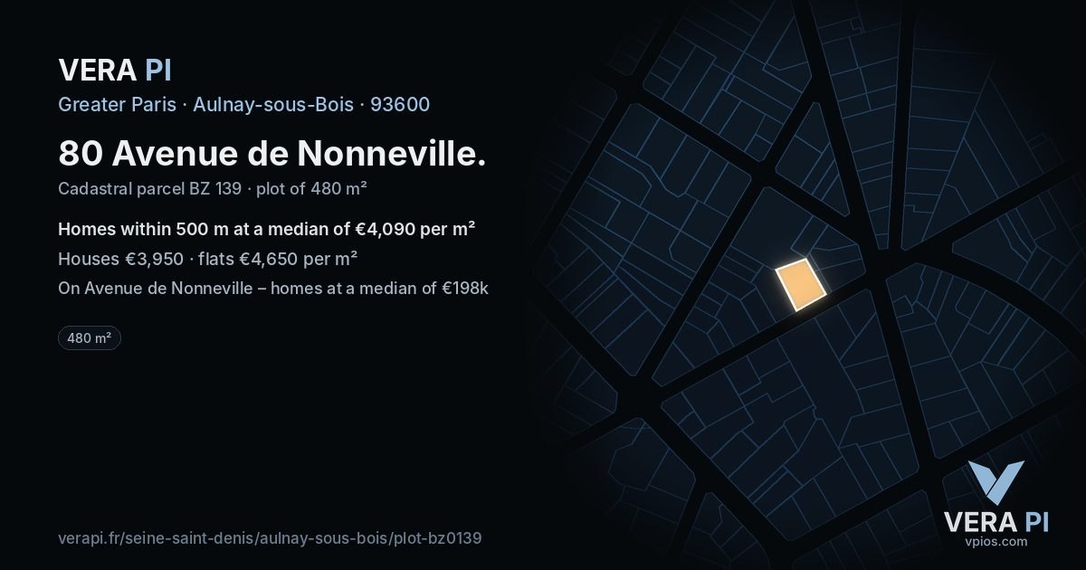 80 Avenue de Nonneville, Aulnay-sous-Bois at night – the plot lit, the parcels around coloured by the prices near them