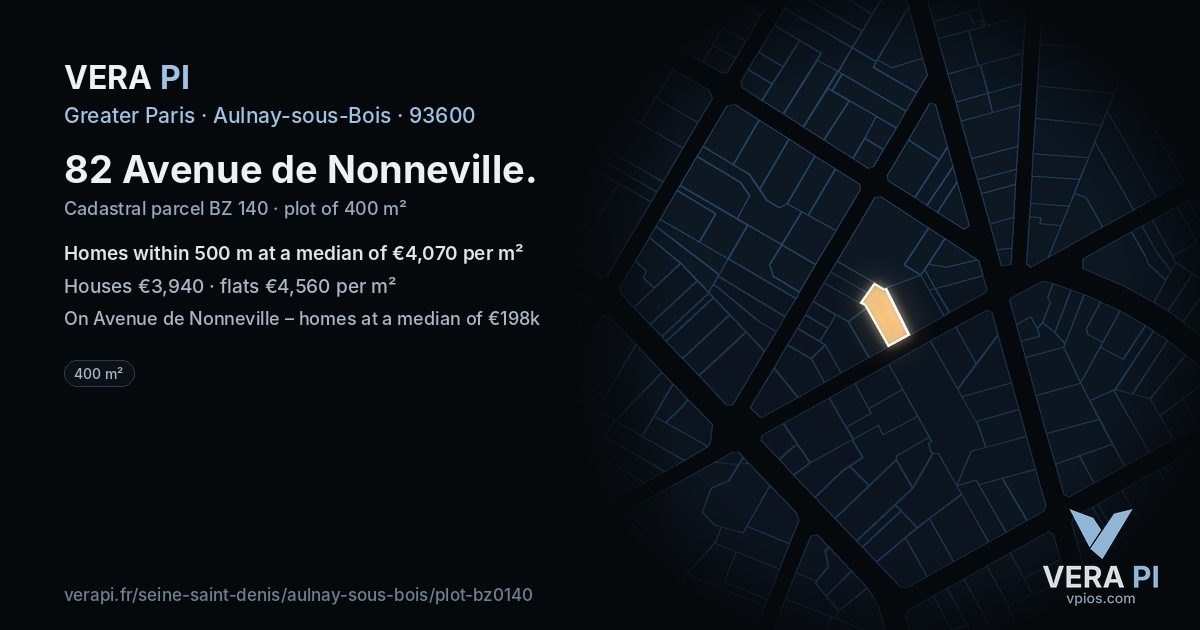 82 Avenue de Nonneville, Aulnay-sous-Bois at night – the plot lit, the parcels around coloured by the prices near them