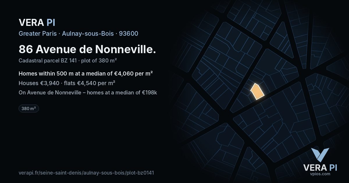 86 Avenue de Nonneville, Aulnay-sous-Bois at night – the plot lit, the parcels around coloured by the prices near them