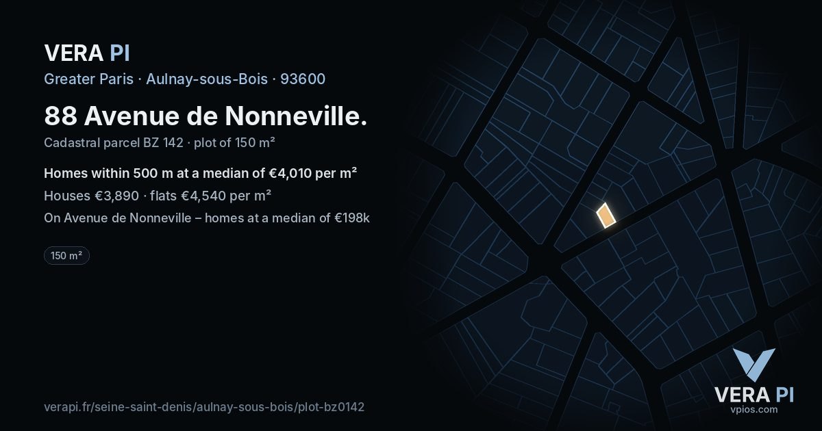 88 Avenue de Nonneville, Aulnay-sous-Bois at night – the plot lit, the parcels around coloured by the prices near them