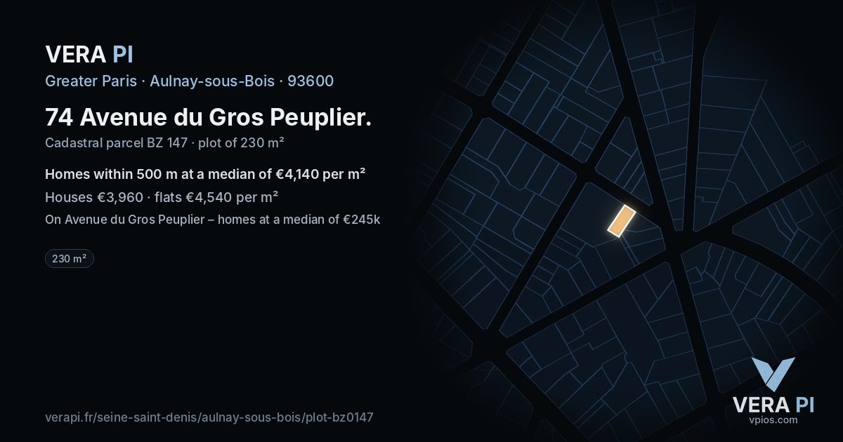 74 Avenue du Gros Peuplier, Aulnay-sous-Bois at night – the plot lit, the parcels around coloured by the prices near them