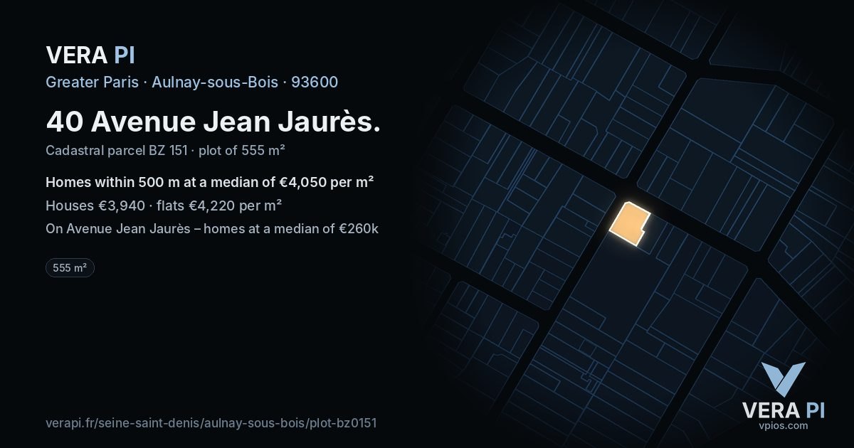 40 Avenue Jean Jaurès, Aulnay-sous-Bois at night – the plot lit, the parcels around coloured by the prices near them