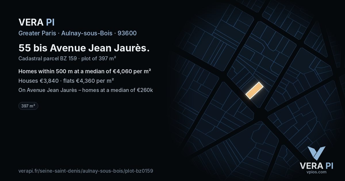 55 bis Avenue Jean Jaurès, Aulnay-sous-Bois at night – the plot lit, the parcels around coloured by the prices near them