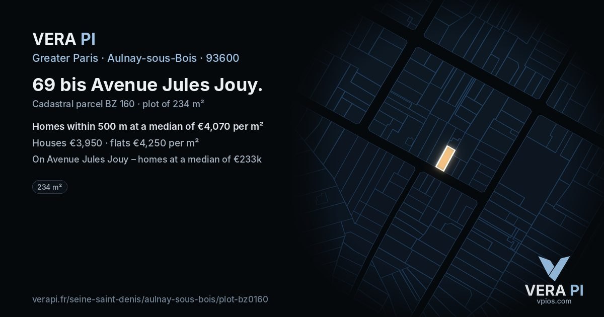 69 bis Avenue Jules Jouy, Aulnay-sous-Bois at night – the plot lit, the parcels around coloured by the prices near them