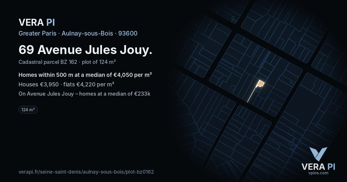 69 Avenue Jules Jouy, Aulnay-sous-Bois at night – the plot lit, the parcels around coloured by the prices near them