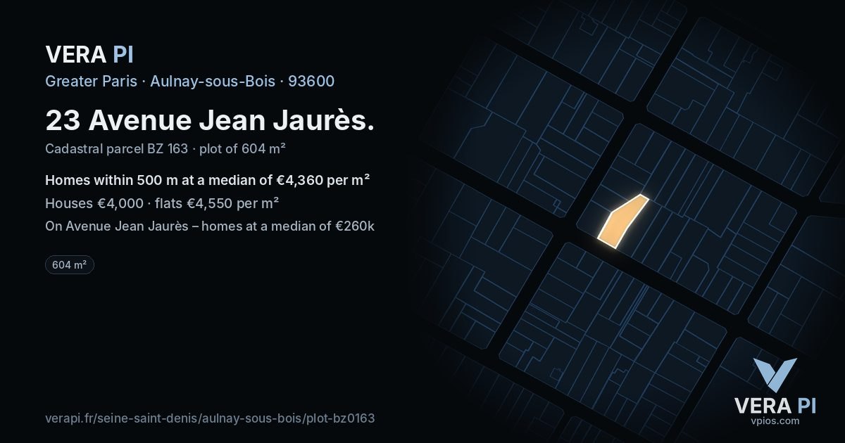 23 Avenue Jean Jaurès, Aulnay-sous-Bois at night – the plot lit, the parcels around coloured by the prices near them